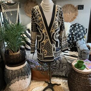 Elegant Black and Gold Pearl Embellished Jacket NWOT
